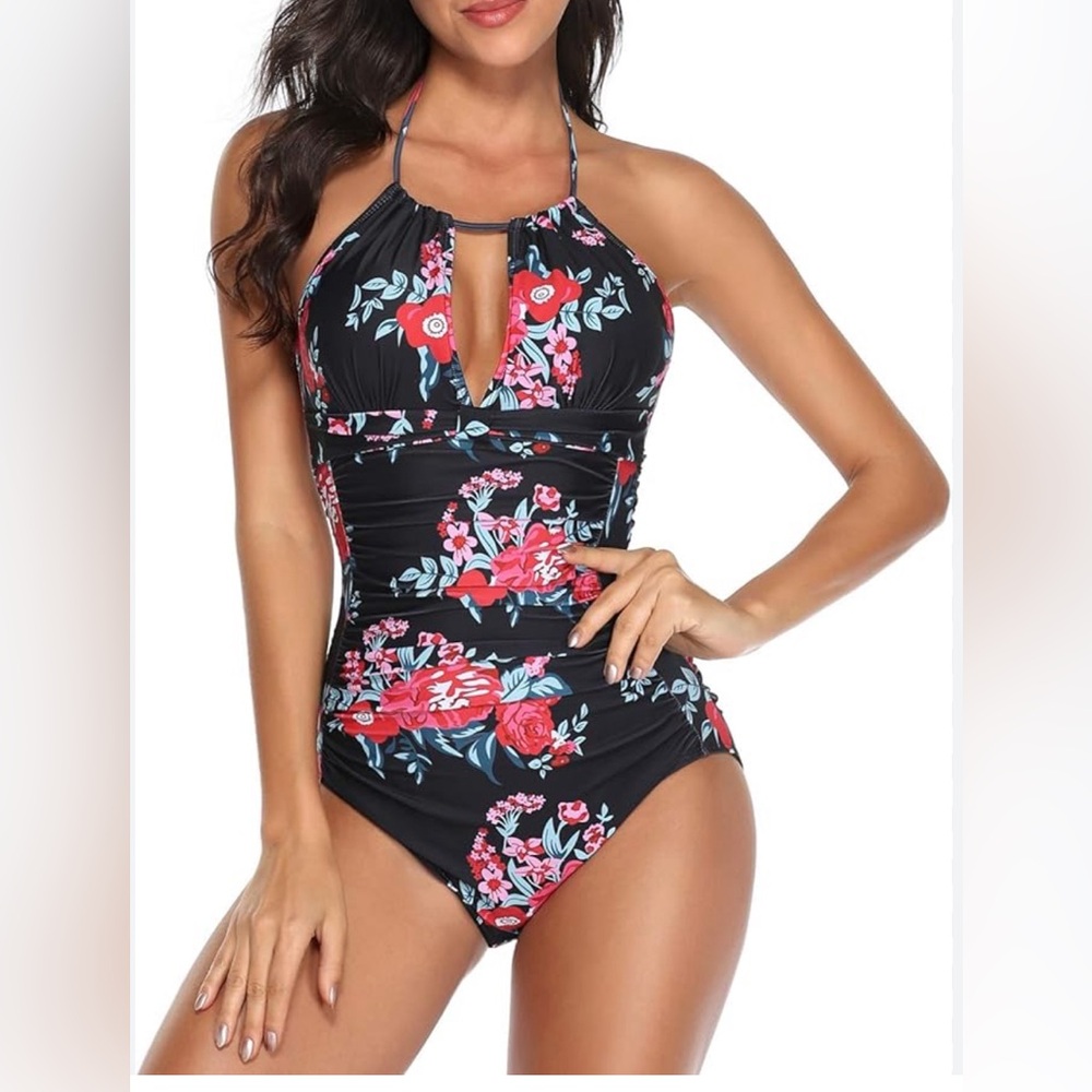 Smismivo women’s red and black floral halter one piece swimsuit Size XL NWT
